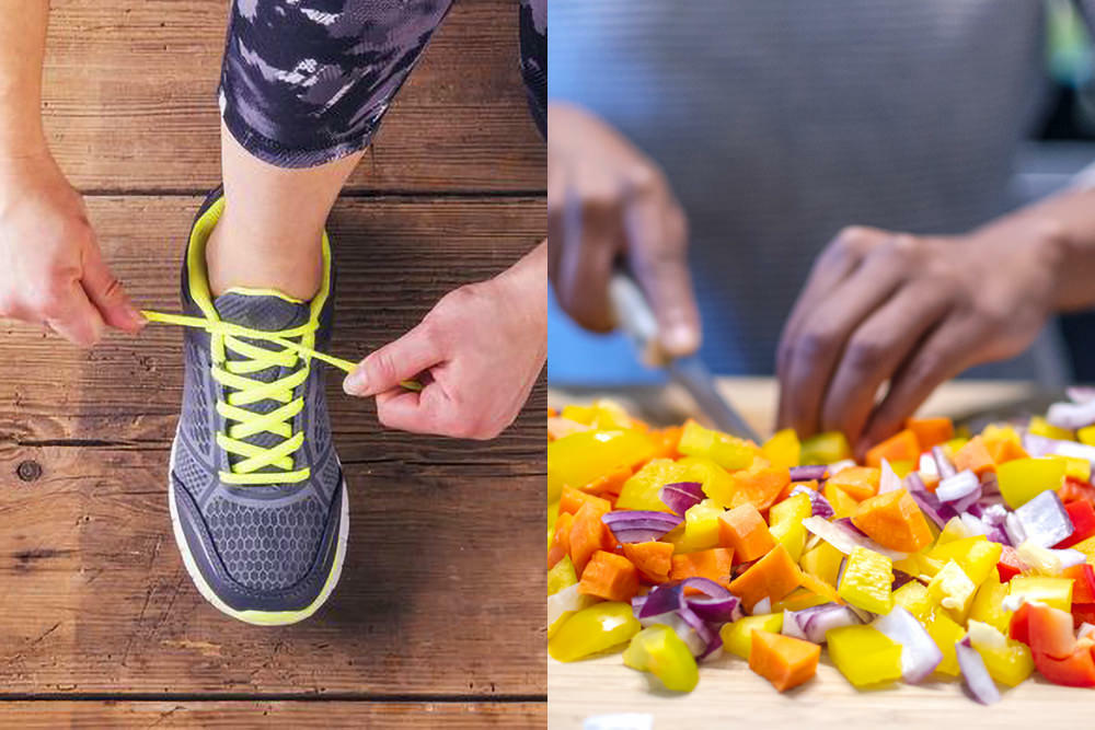 running shoe being laced up and vegetables being chopped