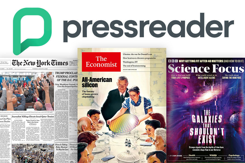 PressReader database online newspapers magazines, showing NY Times, Economist, and Science Focus covers fall 2025