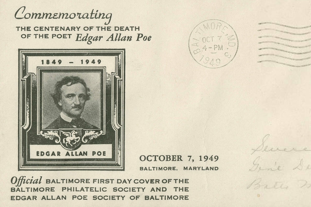 Edgar Allan Poe commemorative postcard, 1949