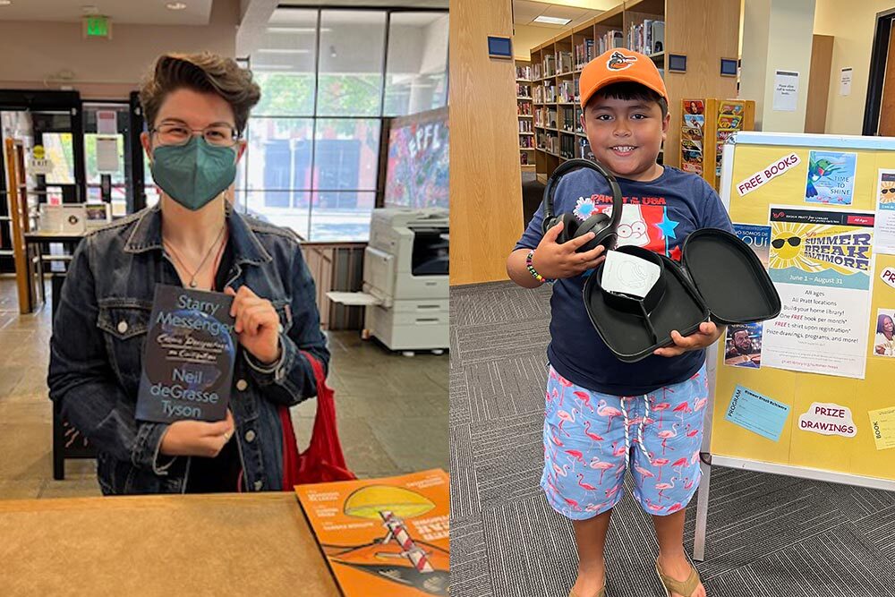 Summer Break Baltimore 2023 photos - smiling with a mask and book, smiling with a prize