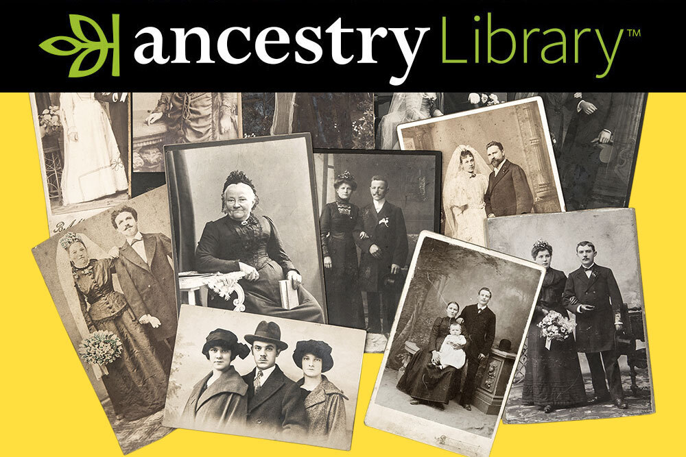 Ancestry Library logo and vintage photos on yellow