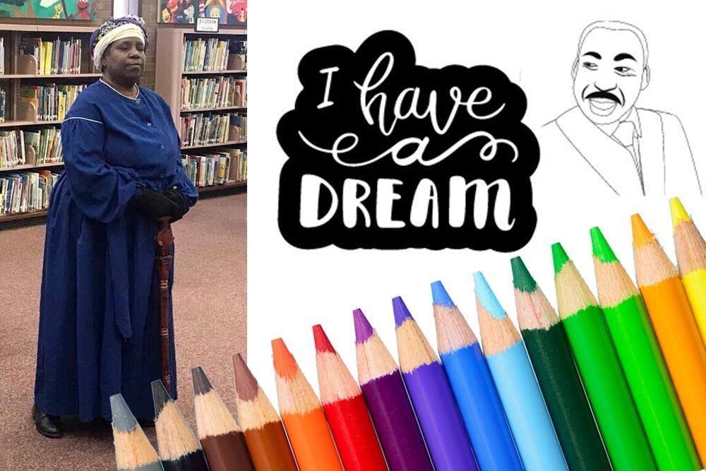 Black History Month events 2023 for teens - a Harriet Tubman reenactor and coloring page art