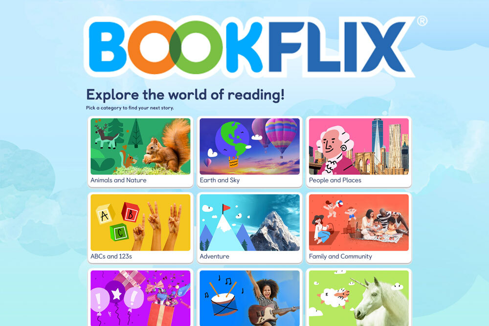 Bookflix - Explore the world of Reading - colorful logo, reading categories, clouds background