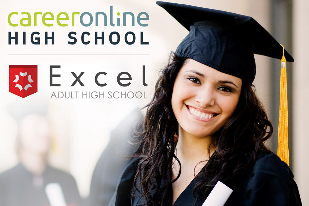 Career Online High School and Excel Adult High School logos and smiling graduate with diploma