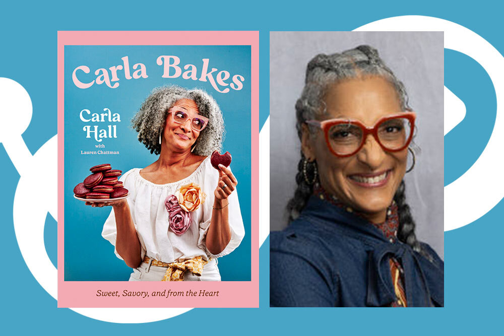 Carla Bakes book by Carla Hall, with her headshot photo and EP logo background..