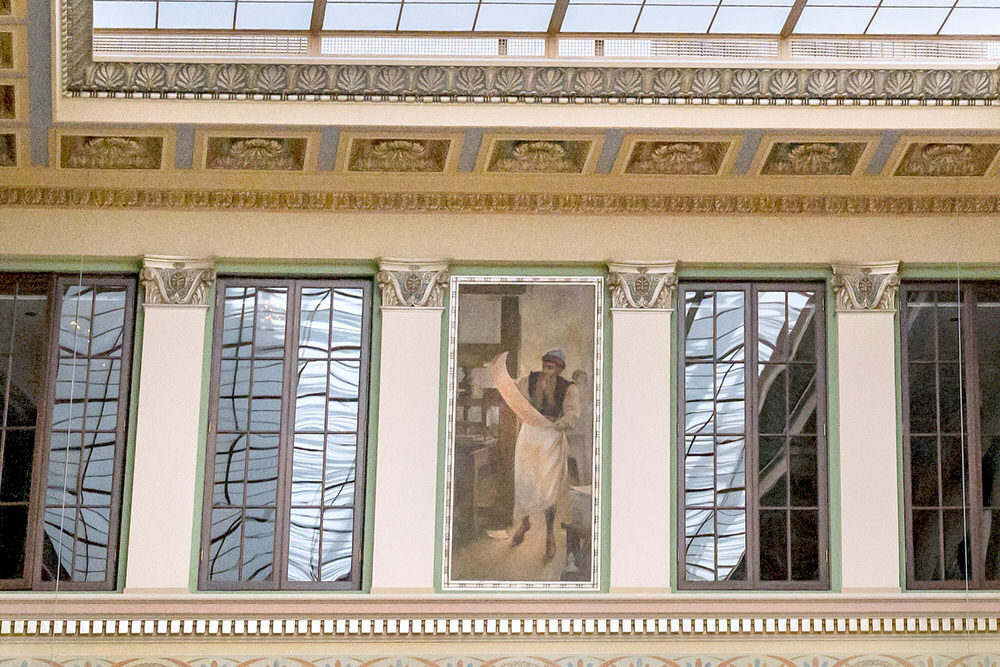 Central Hall interior ceiling and windows with painting of a man with a scroll