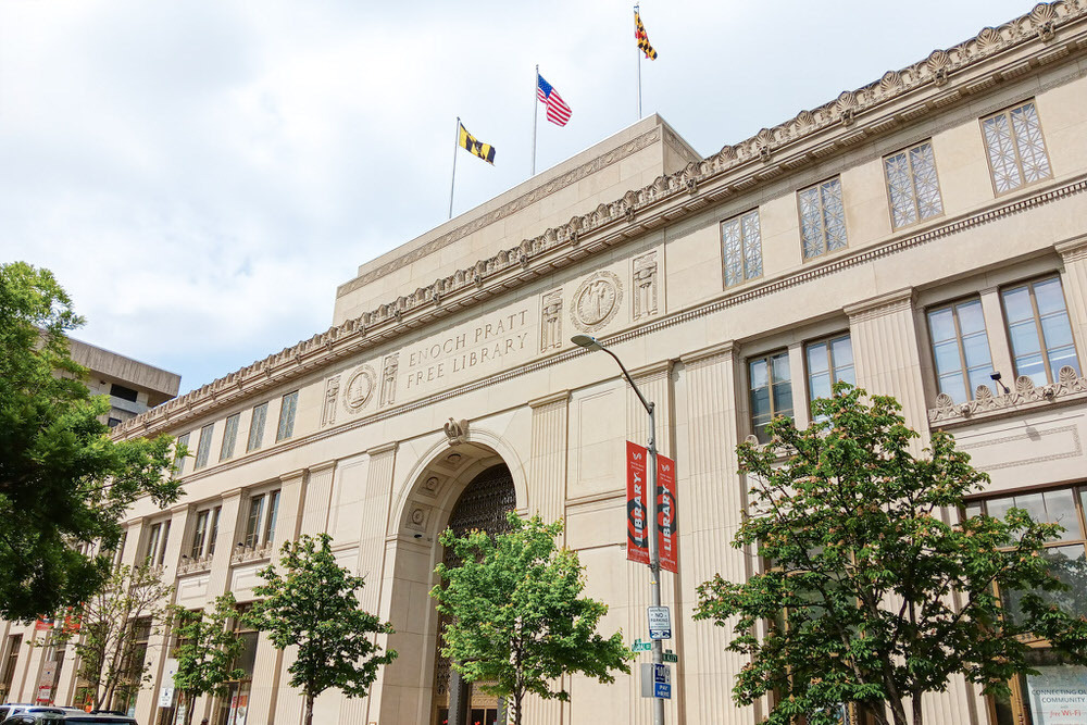 Central Library exterior with flags.