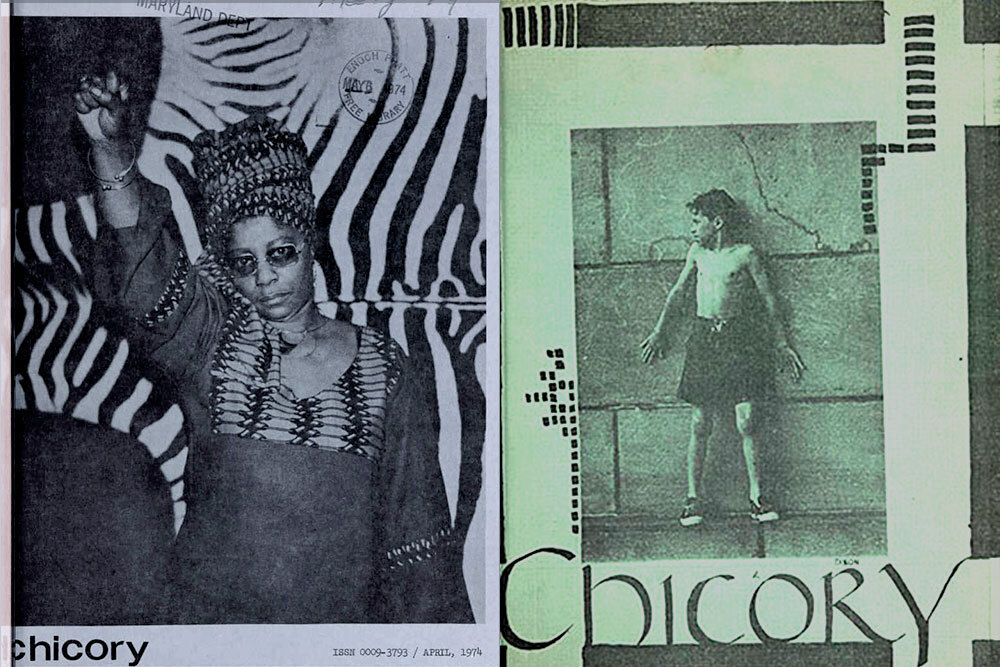 Chicory magazine covers - 1970's woman with a raised fist and a boy against a wall with decorative designs and lettering