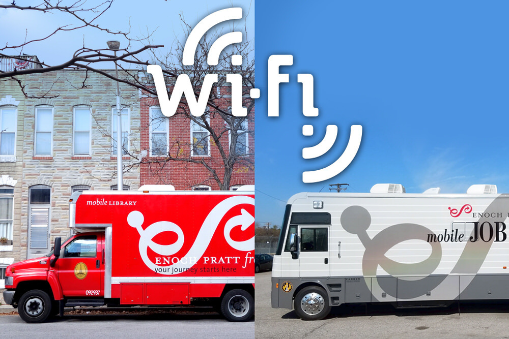 Community Wi Fi  - Pratt Library's Bookmobile and Mobile Job Center vehivles with a WiFi hotspot logo