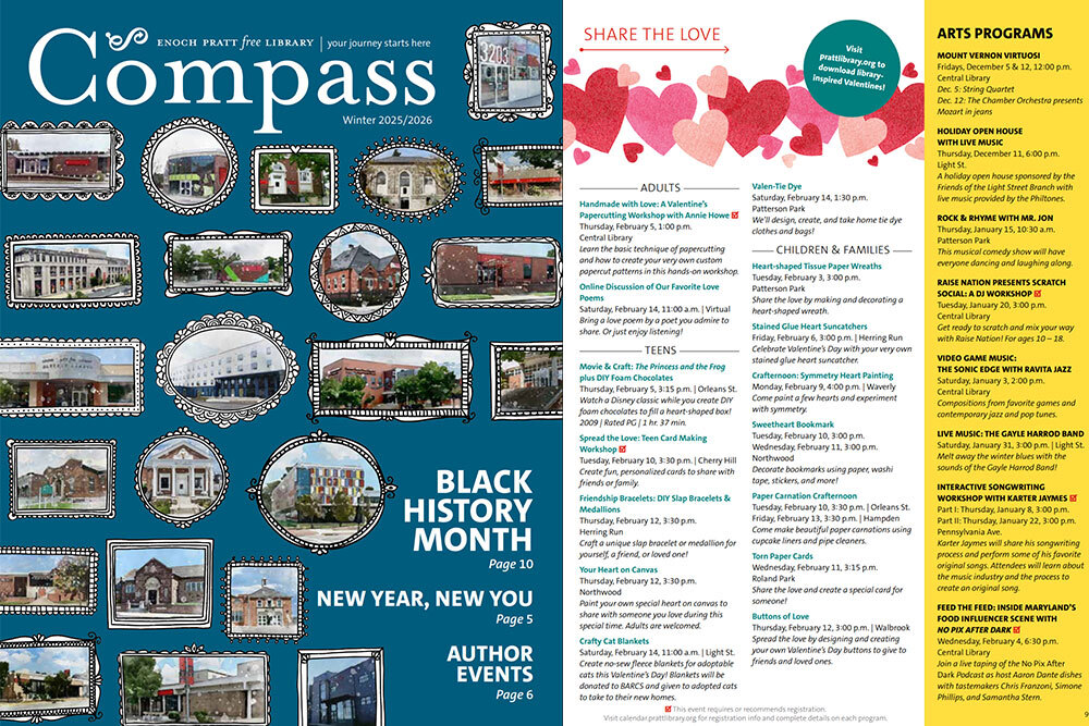 Compass winter 2025-2026 cover and Share the Love Arts programs page