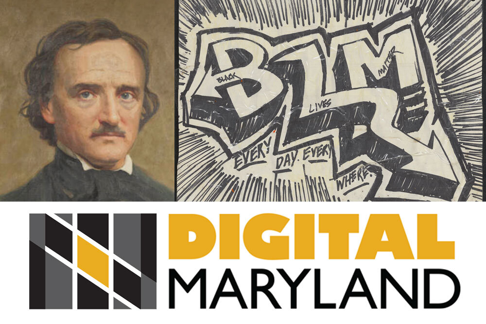 Digital Maryland logo with Edgar Allan Poe painting BLM sign artwork