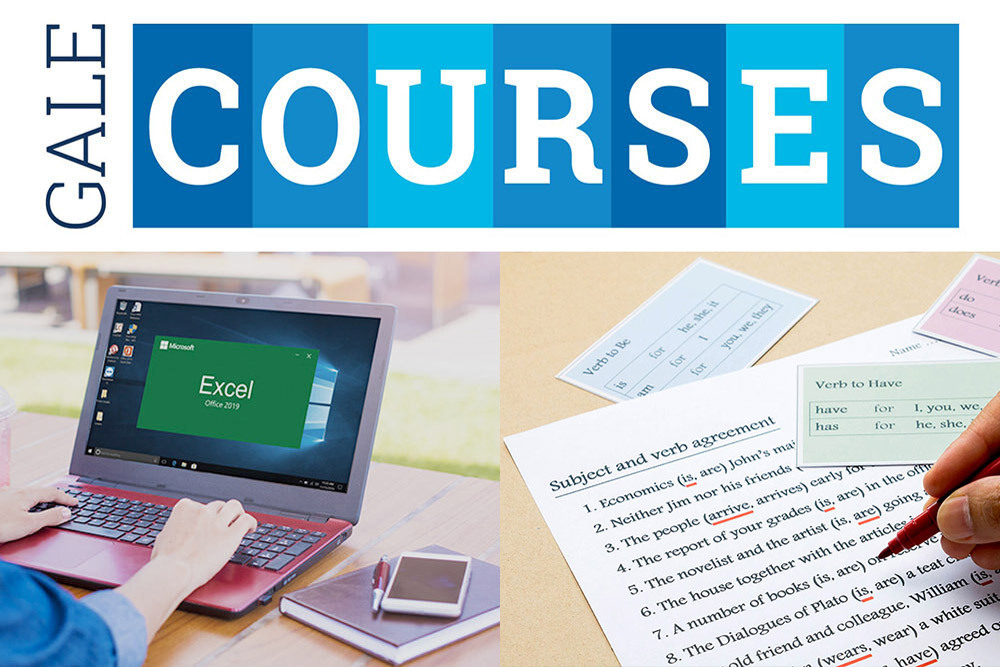 Gale Courses database - logo and images of people learning Excel and to grammar lessons