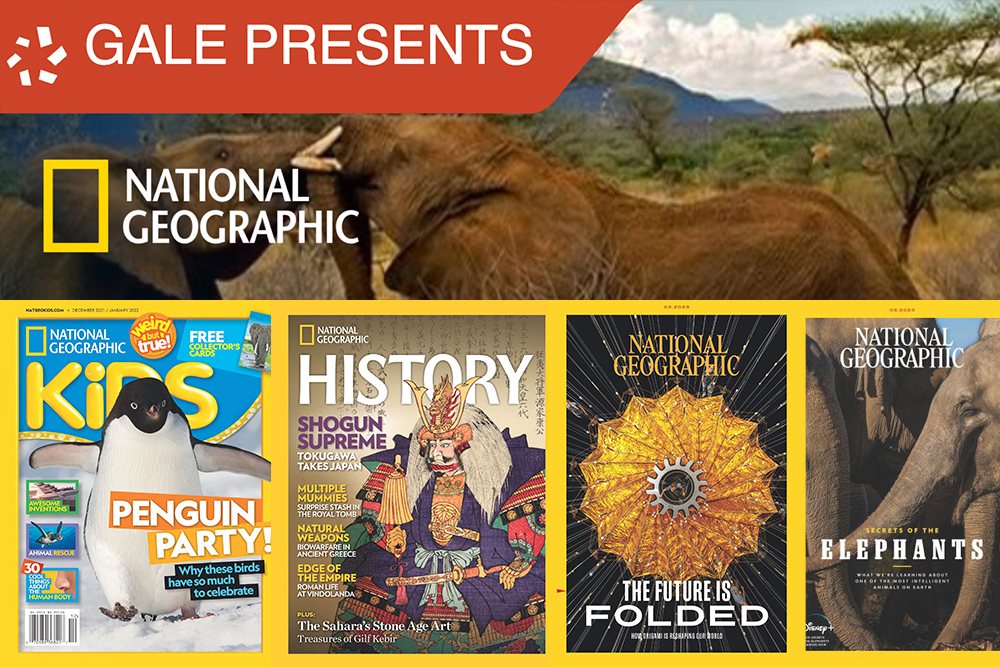 National Geographic Virtual Library from Gale, showing various magazines covers including a Kids magazine
