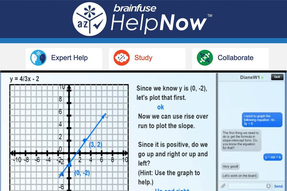 HelpNow live homework help by Brainfuse - algebra screen with tutor chat and logos