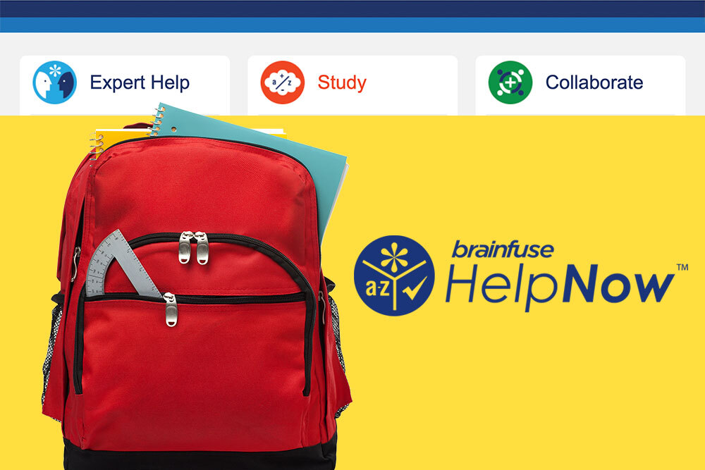 HelpNow homework help - Brainfuse logo, web headers, red backpack on yellow