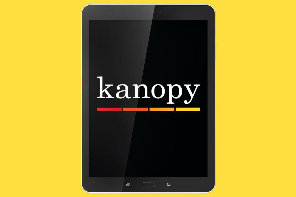 Kanopy logo on a digital tablet, on yellow