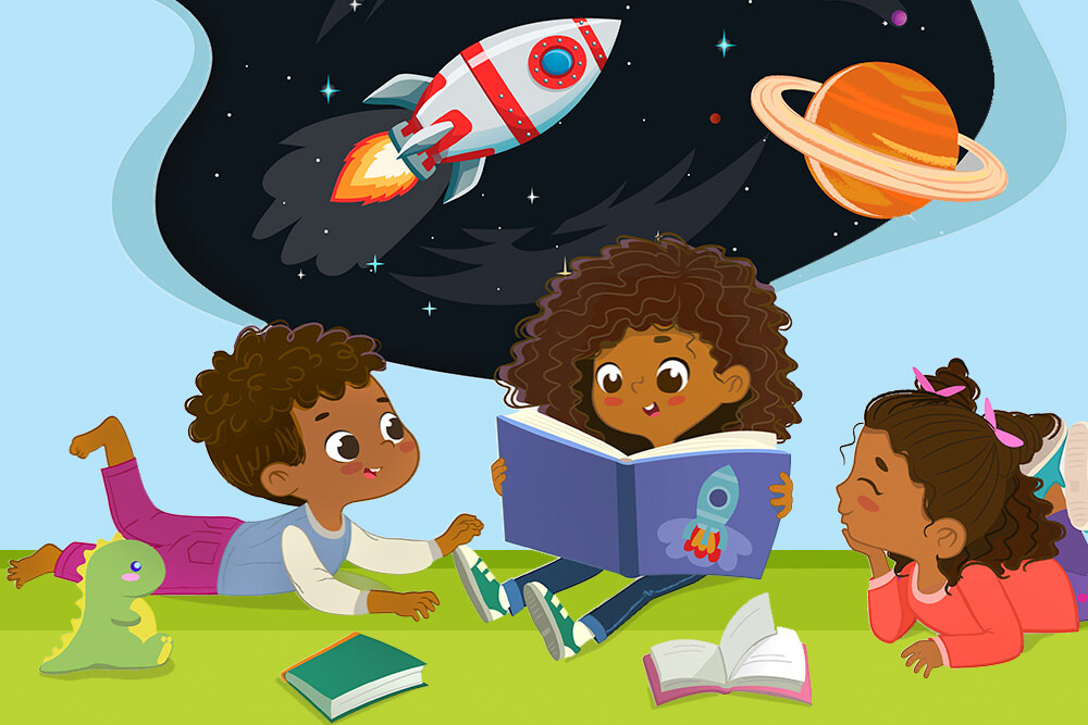Kids Catalog illustration - kids reading about space coming to life