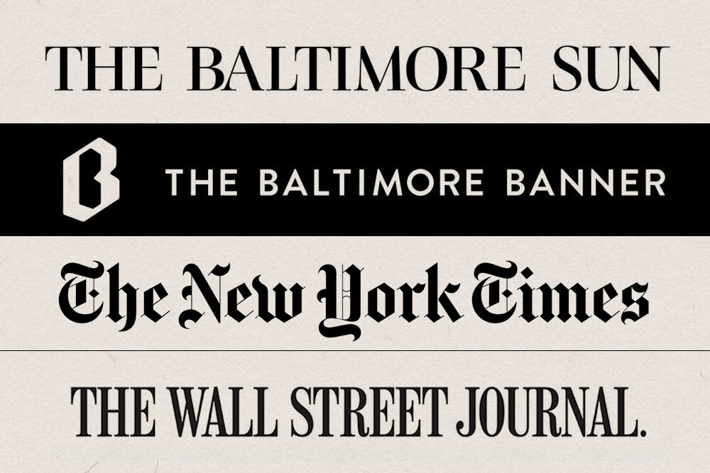 newspapers logos for the Baltimore Sun, Baltimore Banner, New York Times, and Wall Street Journal