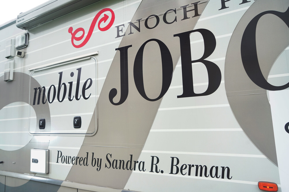 Mobile Job Center vehicle closeup - Powered by Sandra Berman