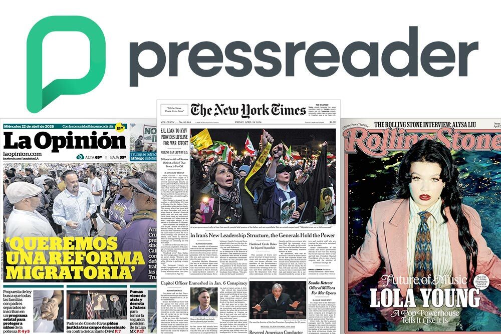 PressReader logo and sample covers.