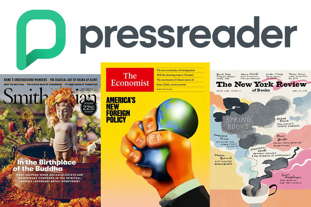 PressReader logo with sample magazines, Smithsonian, The Economist, and The News York Review of Books