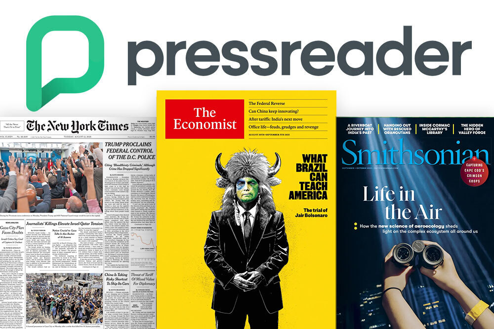 PressReader database showing the New York Times, Economist, and Smithsonian