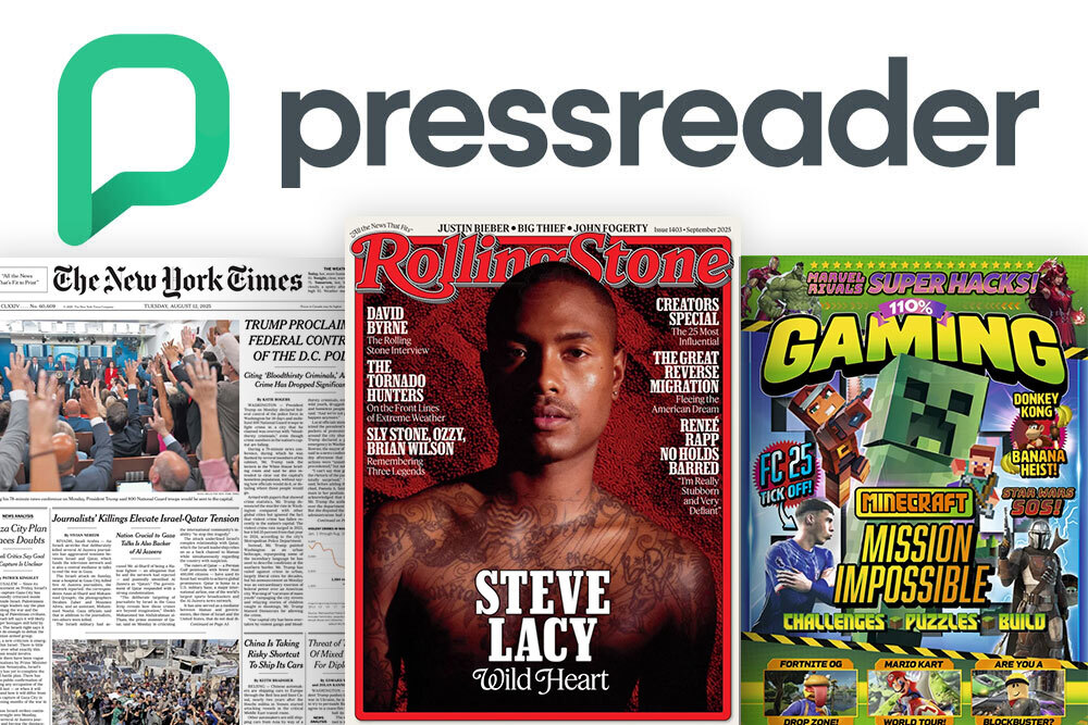 PressReader database showing the New York Times, Rolling Stone, gaming titles
