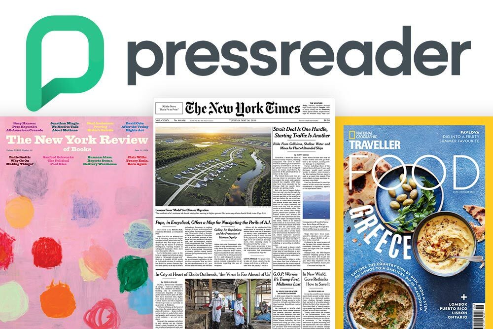 PressReader logo and sample covers.