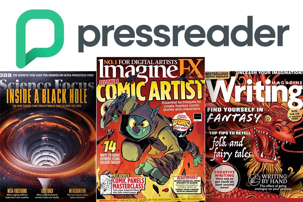 PressReader logo and sample publications.