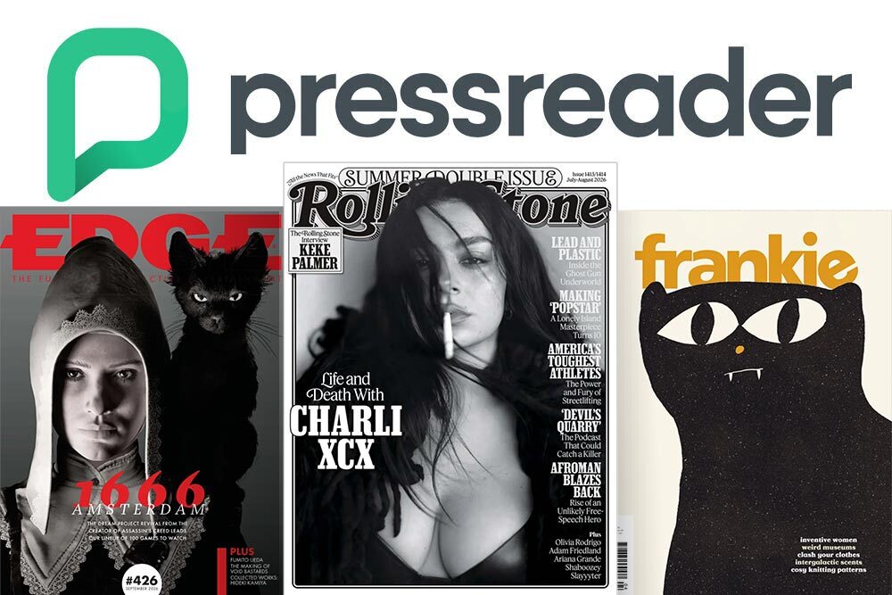 PressReader logo and sample magazine covers for Edge, Rolling Stone, and frankie.