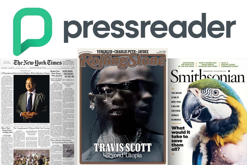 PressReader database showing the New York Times, Rolling Stone, and Smithsonian covers