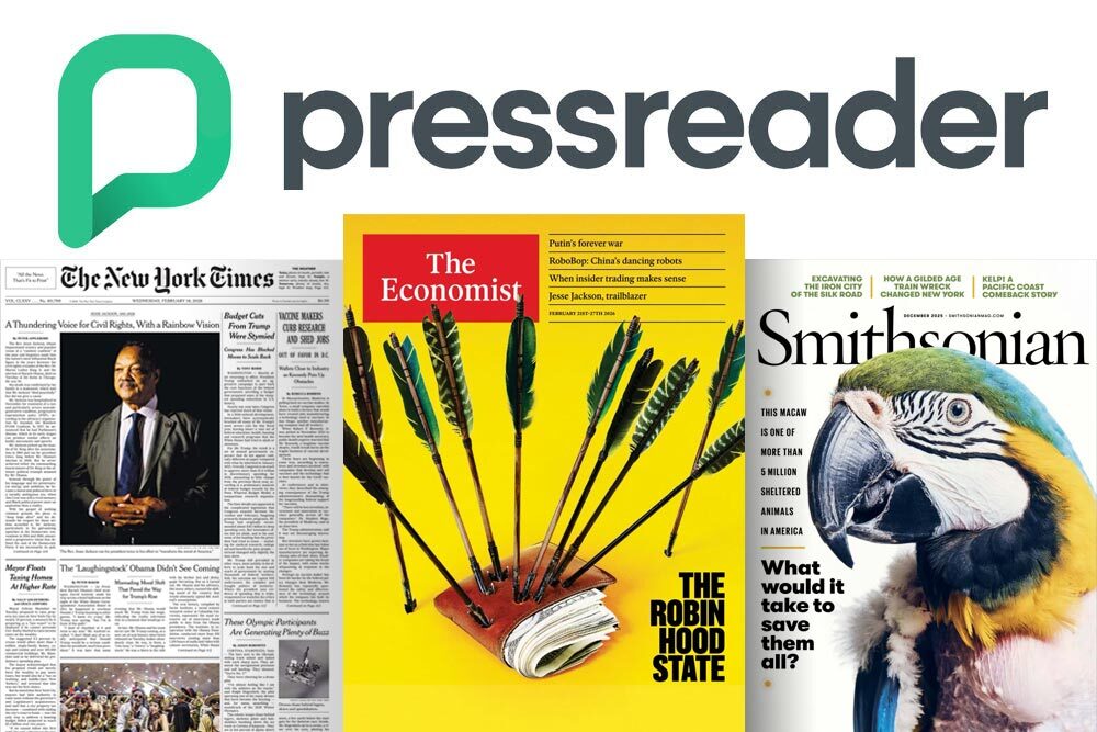PressReader database showing the New York Times, Economist, and Smithsonian covers