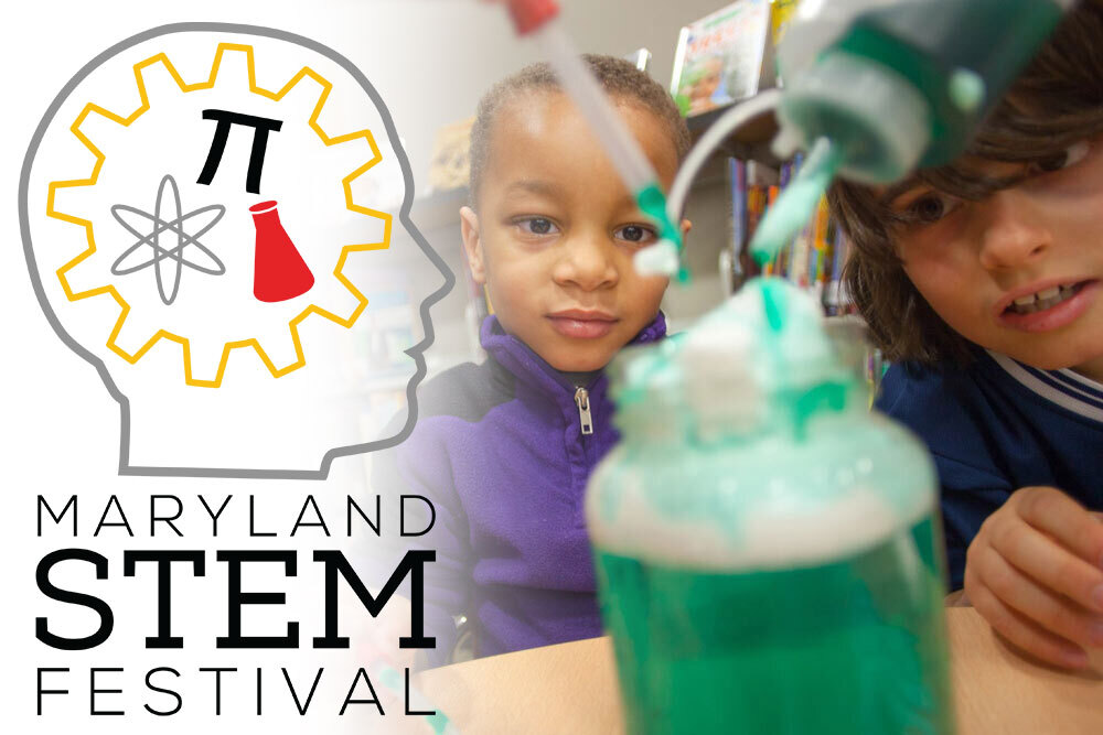 Maryland STEM Festival logo, and kids doing a STEAM activity with chemistry