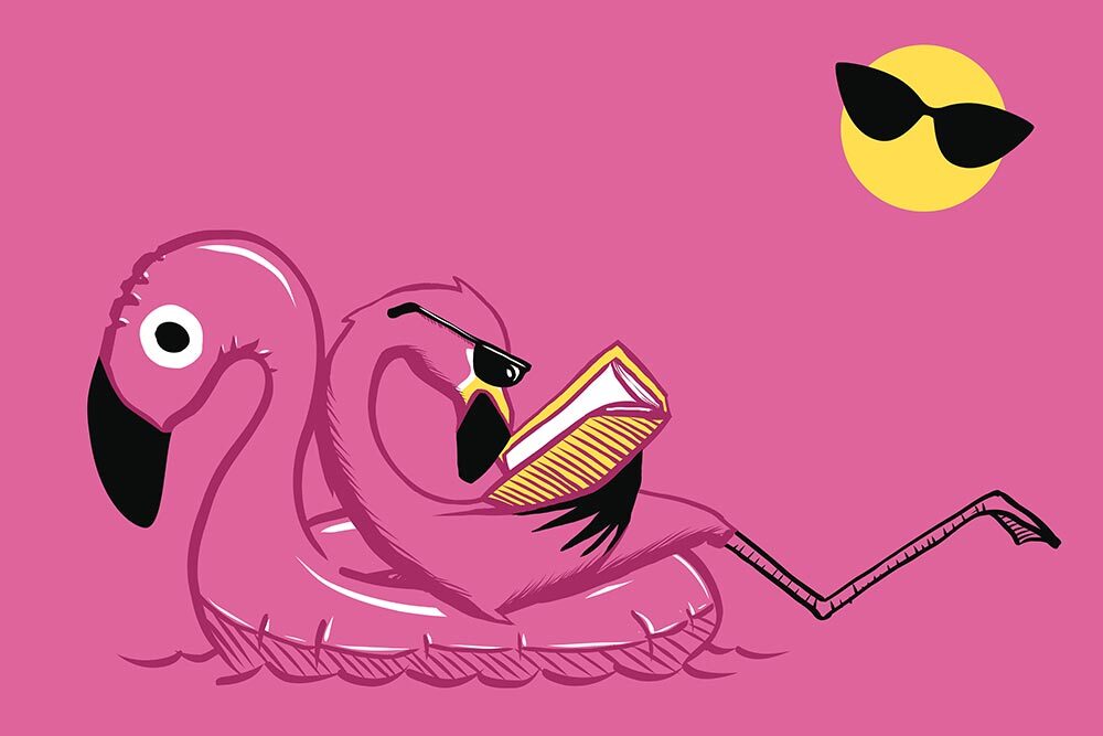 Summer Break Baltimore logo 2025 - pink flamingo reading a book in a pool floatie with sun