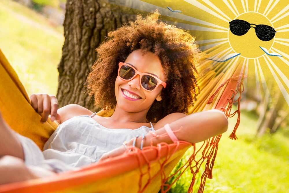 Summer Break Baltimore for Adults - smiling woman with sunglasses in a hammock, with logo in the corner