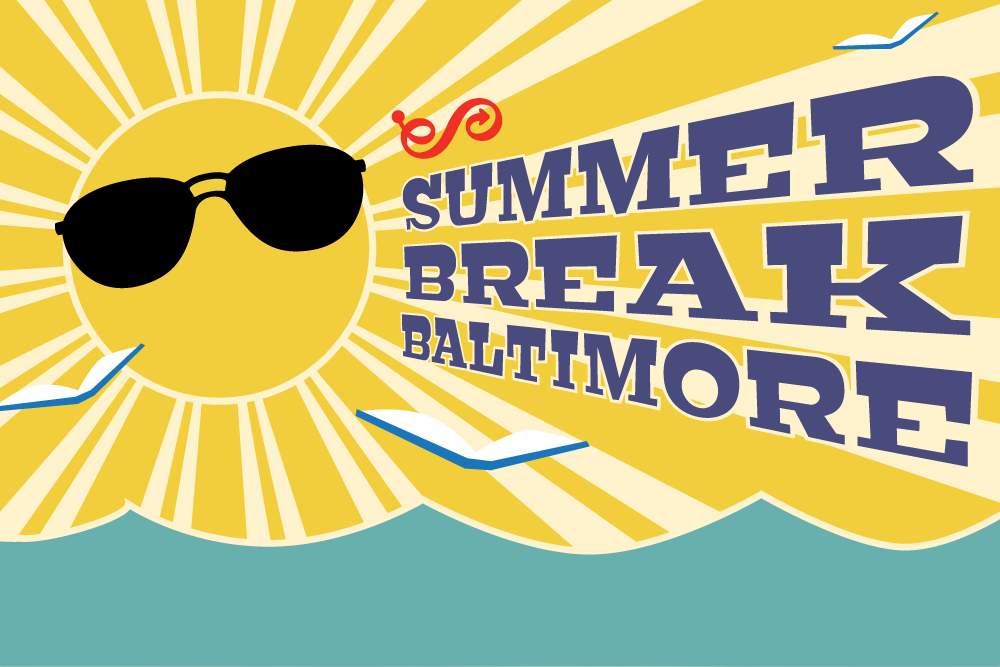 Summer Break Baltimore logo - sun rays, sunglasses, waves, and flying books