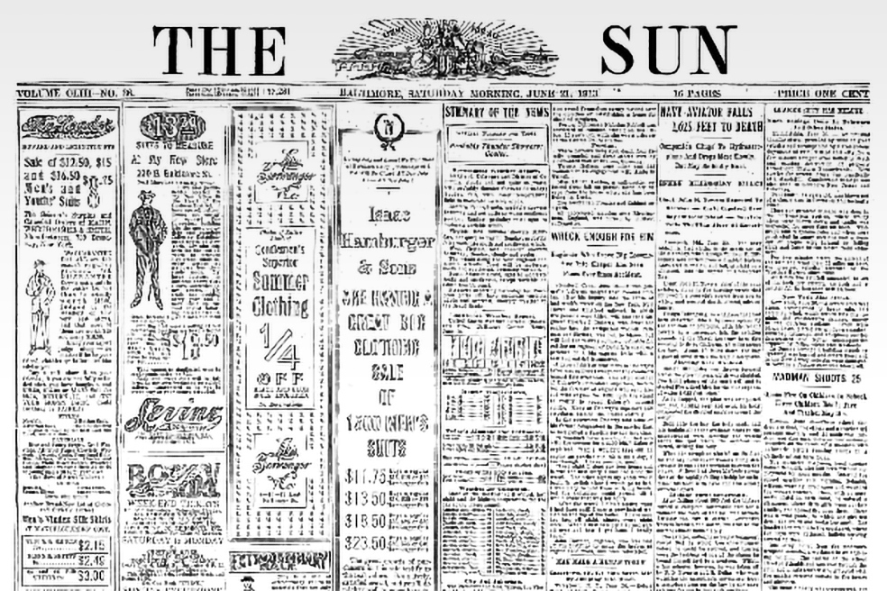 Baltimore Sun historic newspaper, digital 1913 page scan