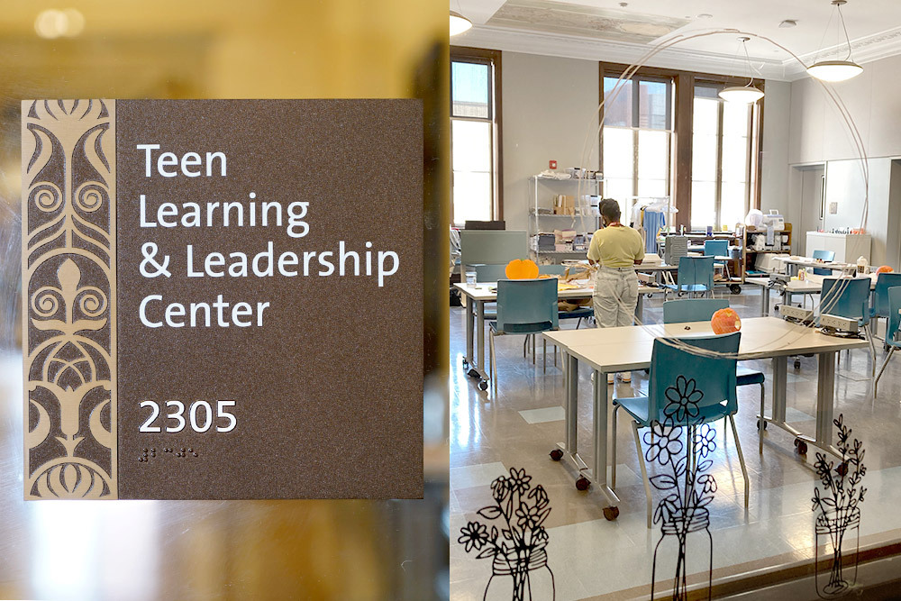 Teen Learning and Leadership Center at the Central Library - sign and room with crafts setup