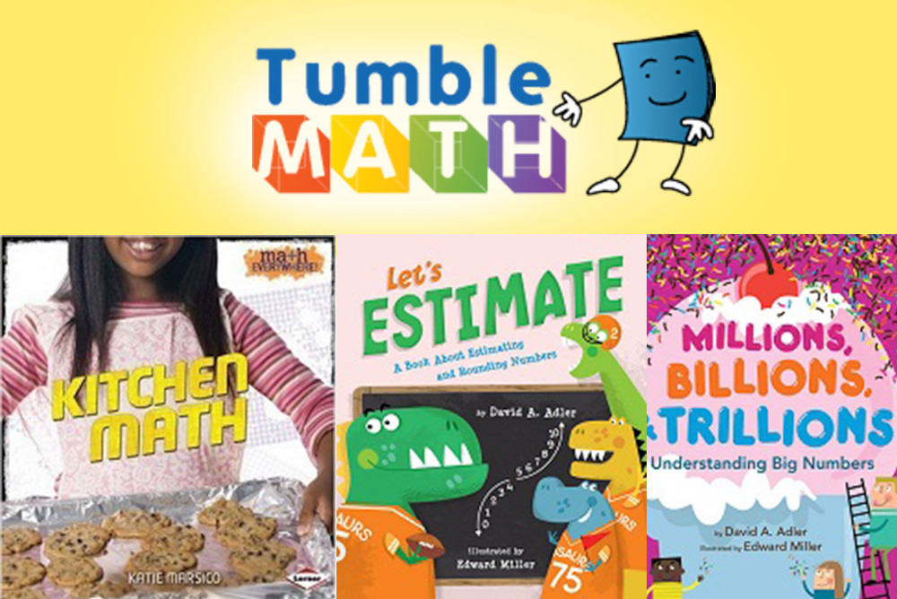 TumbleMathlogo and sample ebooks for kids on counting, estimating, kitchen math, and learning big numbers