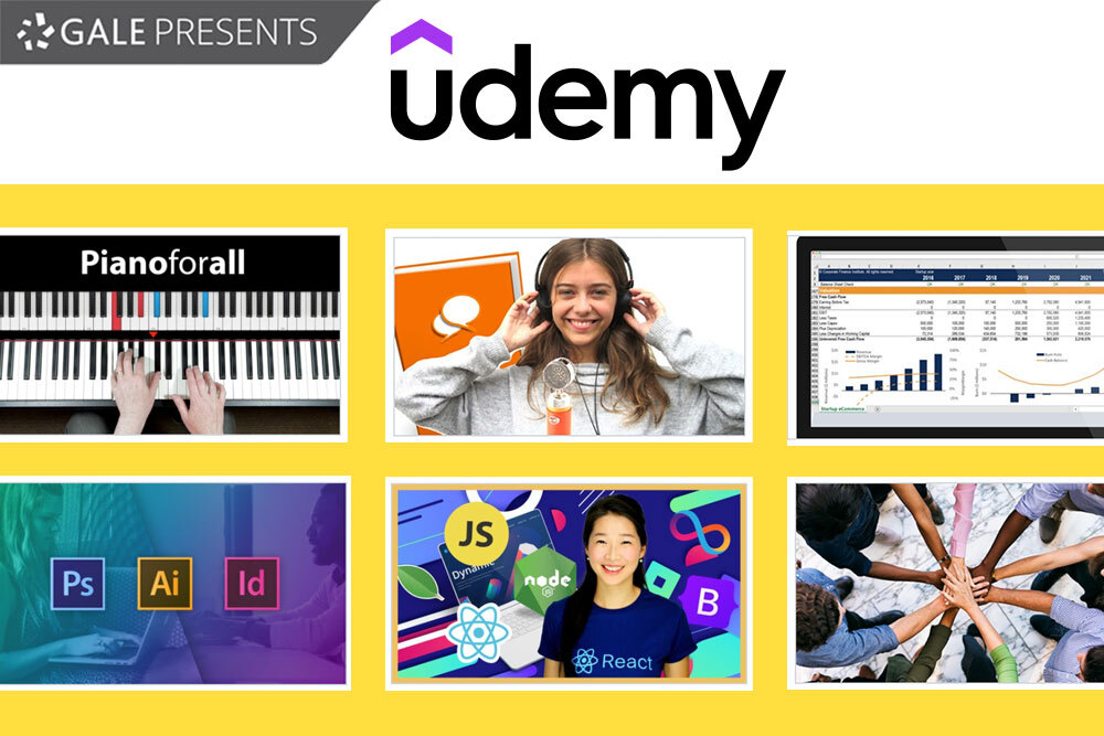 Udemy collage - logo and course image examples on yellow