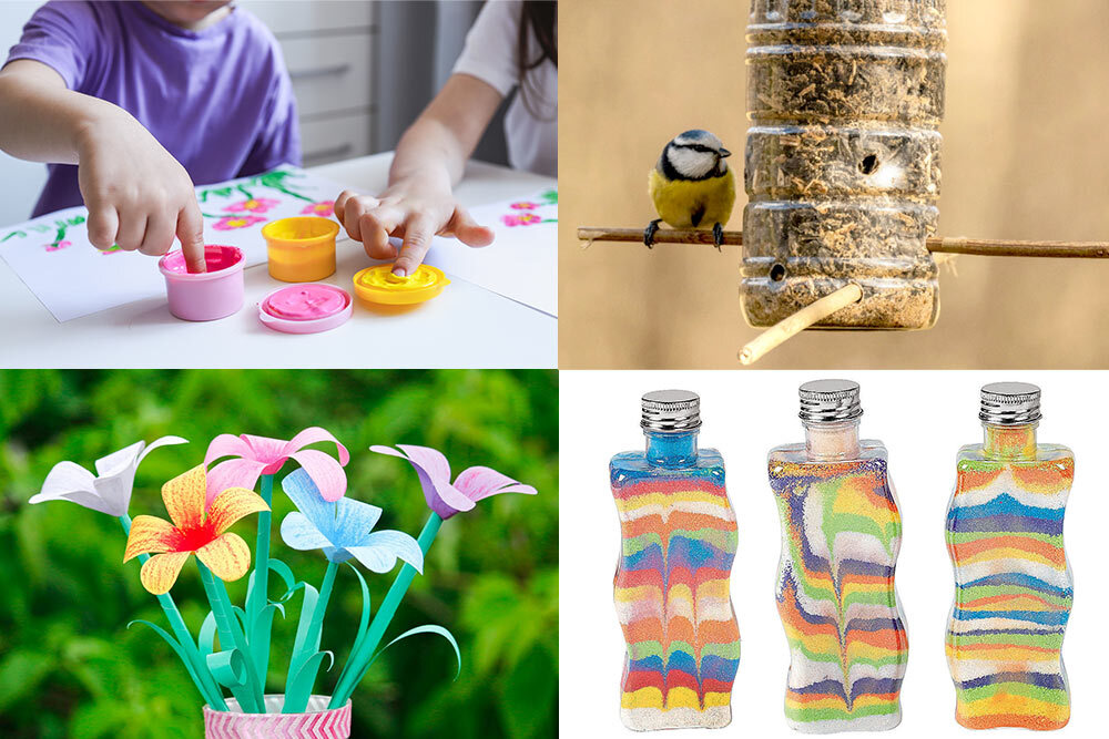 arts and crafts events for young children in May, showing fingertip painting, a DIY bird feeder, paper flowers, and sand art