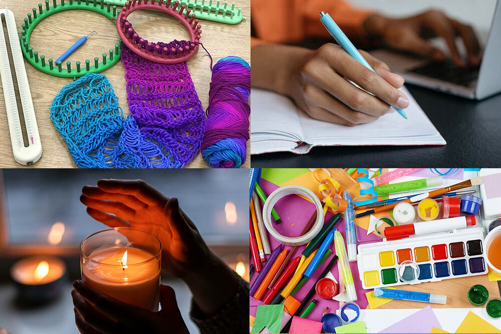 DIY events for adults in June, showing a potholder loom, homemade candles, writing and crafting supplies