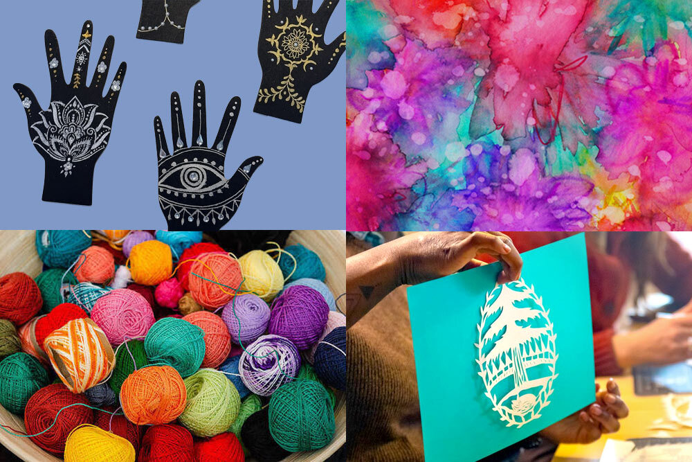 Adults DIY events in November 2025, showing henna design decor, alcohol ink painting, fiber arts, and paper crafts