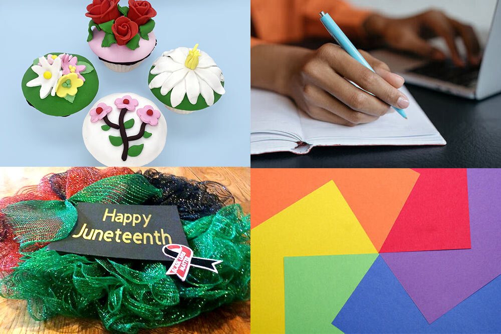 DIY events for adults in June, showing decorated cupcakes, Pride or paper crafts, genealogy research, and a Juneteenth wreath