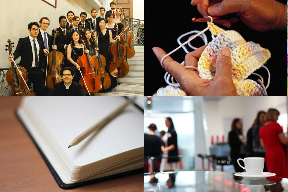 community events for adults, March 2024 including cello music, crochet, writing, and job networking