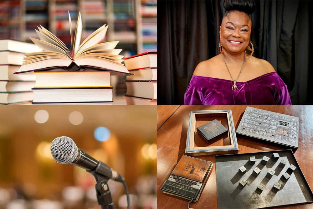 Adults media and more events March 2025 - showing books, speakers, a microphone, and vintage typesetting