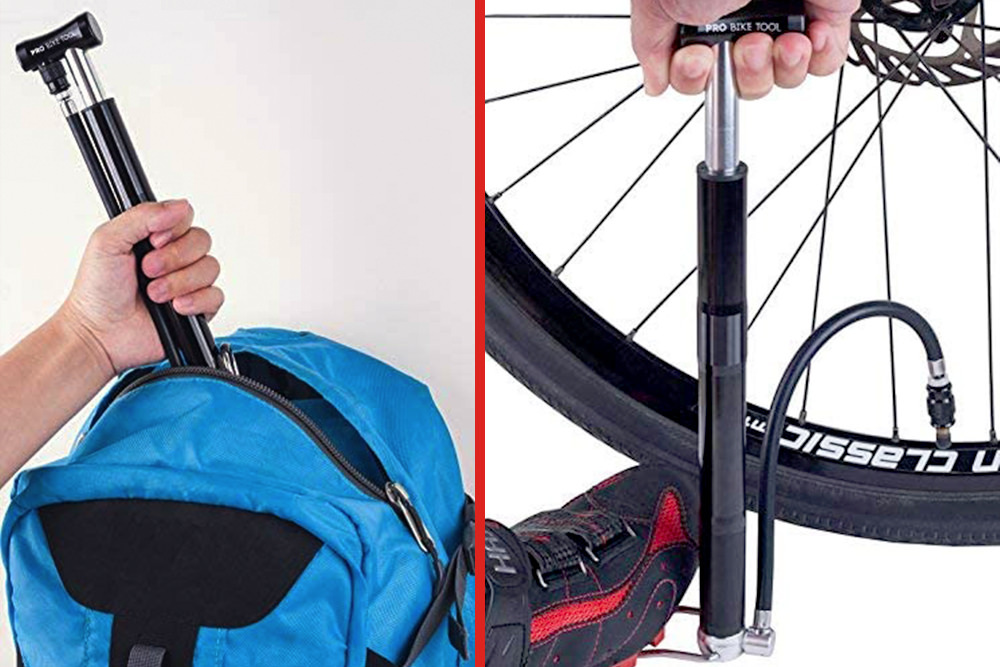 Bike Pump - small travel model in a backpack and being used on a bike tire