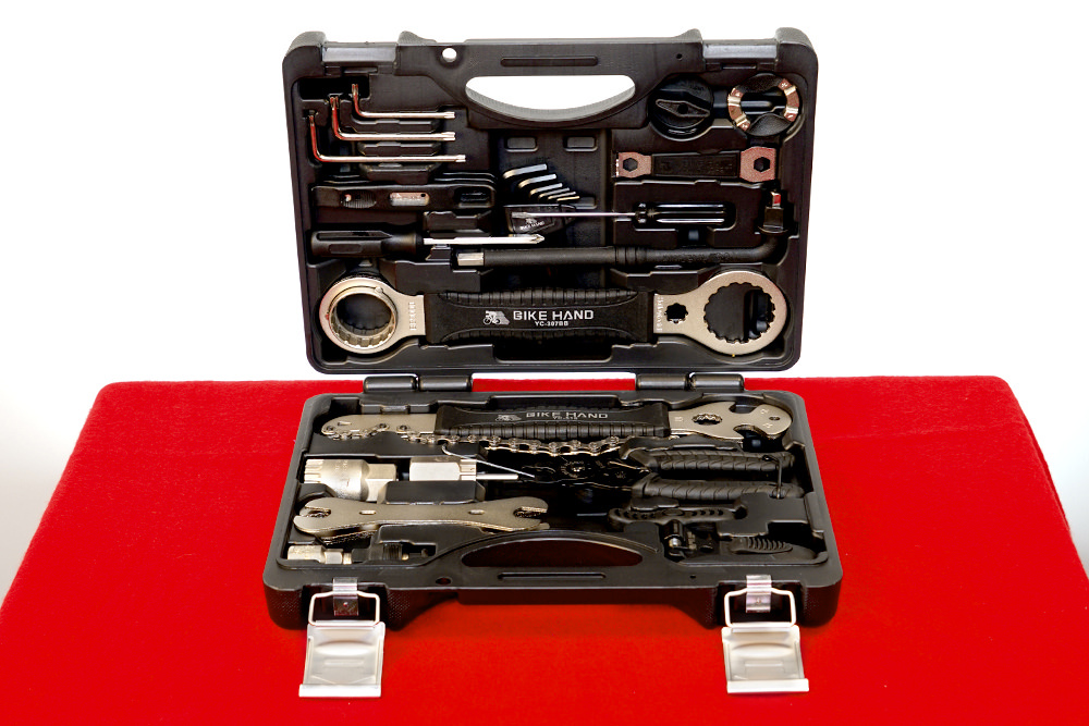 Bike repair tool kit, with carrying case open
