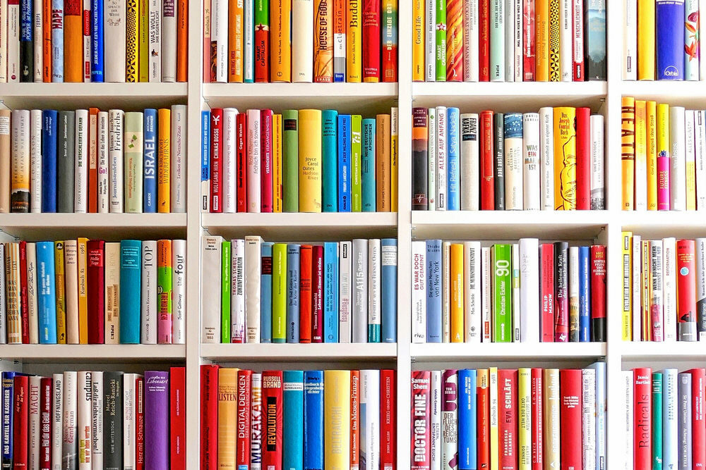 bookshelves with brightly colored books