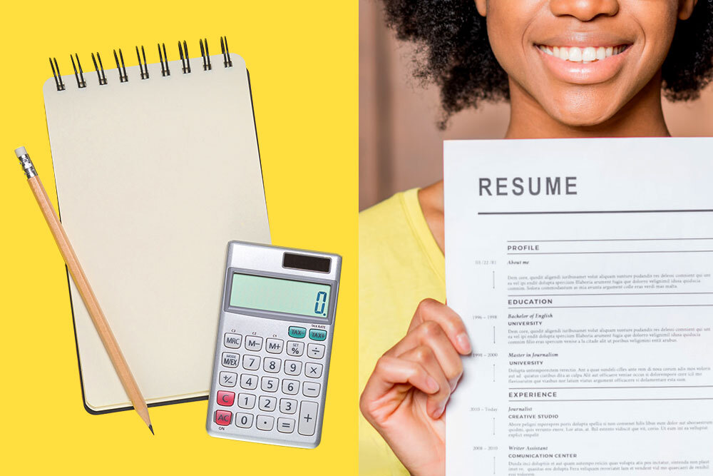 business and job resources - person holding a resume, and a pencil, pad, and calculator on yellow
